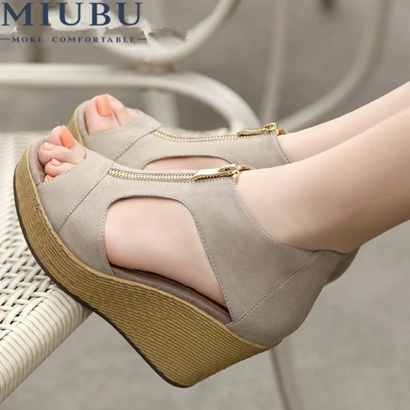 

MIUBU New Style Sandals Woman Summer Platform Wedges Vintage High Heels Open Toe With Zippers Sandalias Zapatos Mujer
