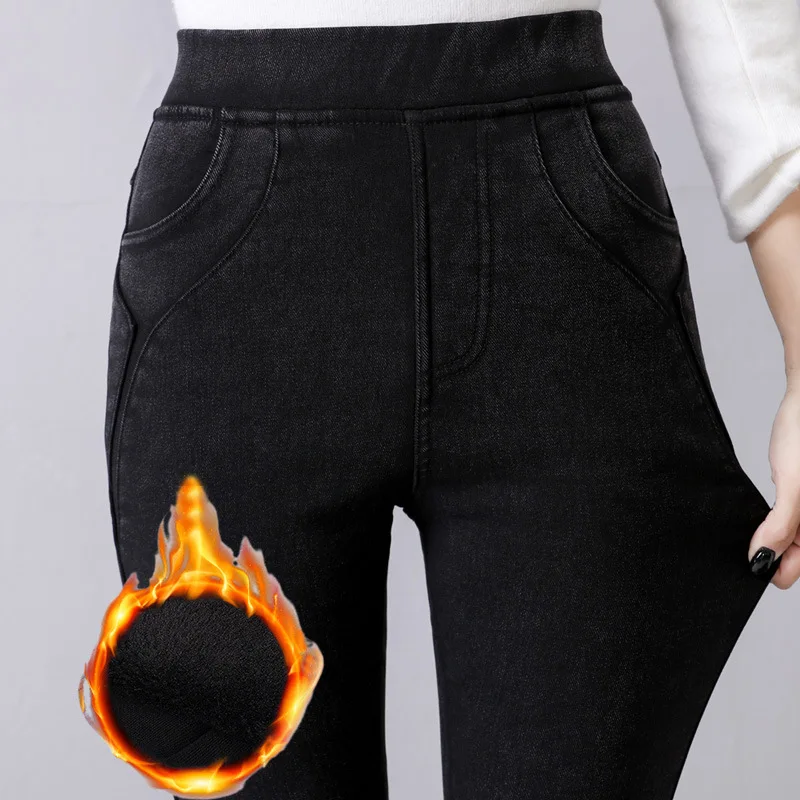 Women Casual Pants Winter Velvet Cotton High Waist Jeans Elastic Pencil Fashion Skinny Warm Trousers Plus Size | Женская одежда