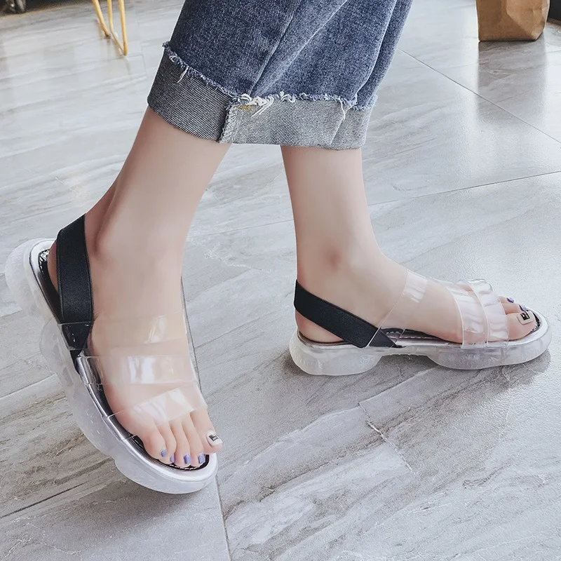 Новинка женские сандалии на плоской подошве с прозрачными кристаллами 2019 г.