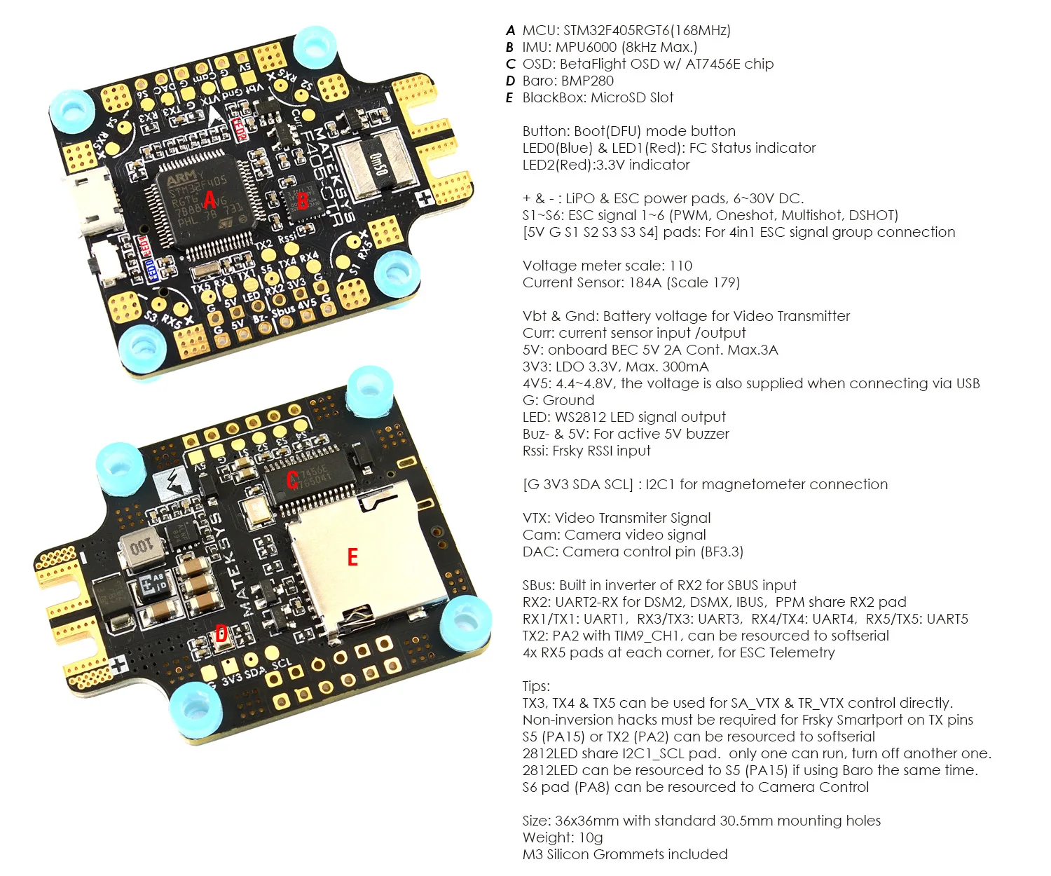 Matek MATEKSYS F405-CTR F405 AIO BFOSD STM32F405 Контроллер полета встроенный PDB 5 В/2A BEC слот для sd-карты BMP280 для F4 RC Дрон