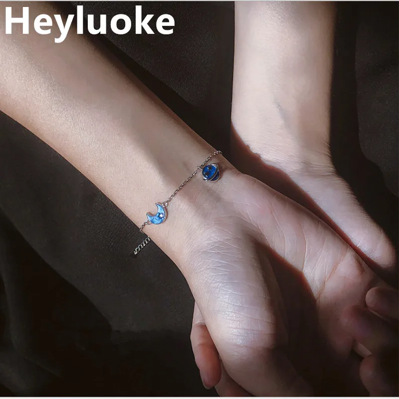 HEYLUOKE высокое качество 925 пробы глазурь синий Серебряный маленькая вселенная подвески в виде полумесяца браслет женские ювелирные изделия, кулон