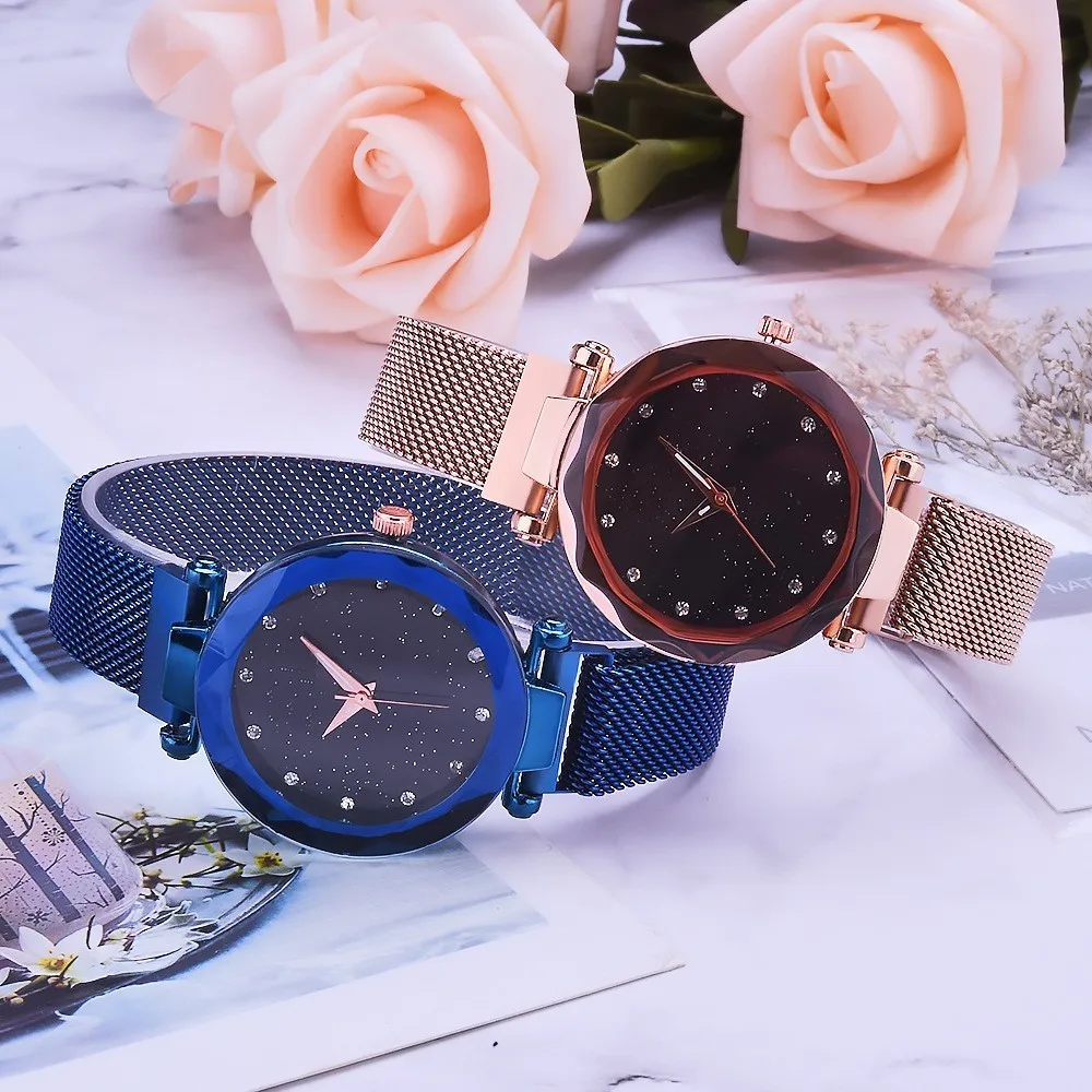 

Luxury Mesh Ladies Clock Magnet Buckle Starry Diamond Geometric Surface Casual Dress Quartz Wristwatch Women Watches Rose Watch
