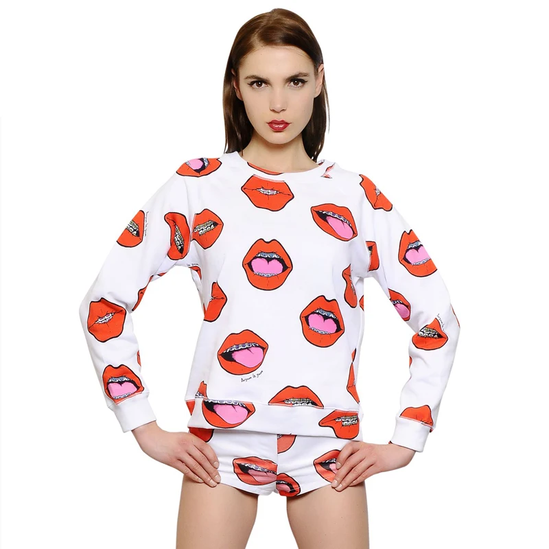 spring and summer hip-hop tide models lips printing sleeve pullover horns Sweatshirts | Женская одежда