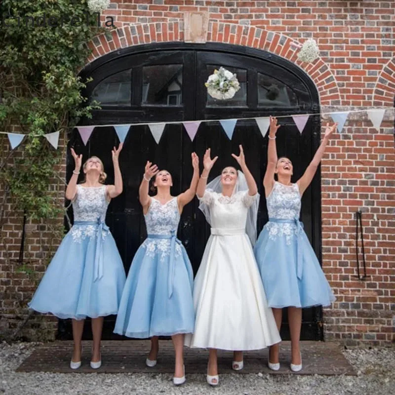

Cinderella Baby Baby Blue Scoop Lace Applique Scoop Sleeveless Short Bridesmaid Dresses Mini Organza Lace Bridesmaid Dresses