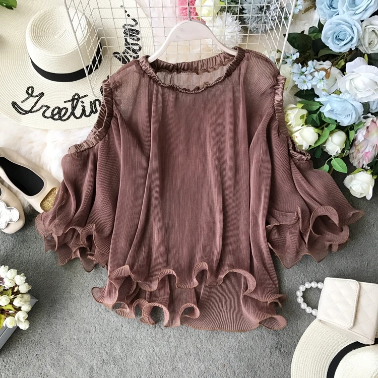 ALPHALMODA новые винтажные шифоновые блузки с открытыми плечами с расклешенными рукавами Женские однотонные свободные полупрозрачные элегантные блузки рубашка