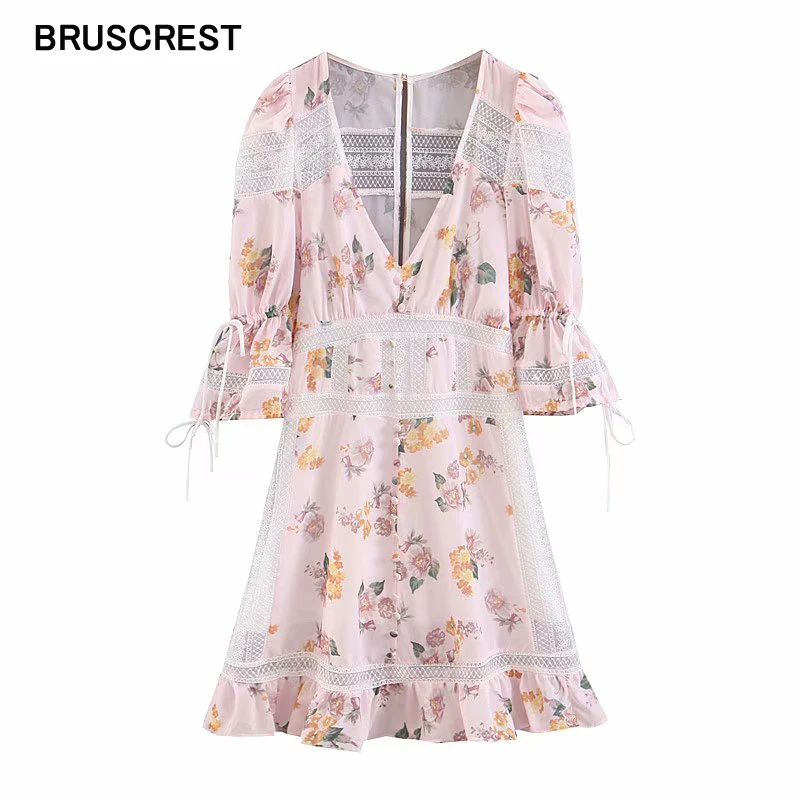 Женское винтажное кружевное платье Boho розовое элегантное мини с v образным