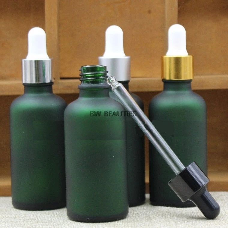 

100pcs/lot 15ml 50ml Empty Green Frosted Glass Bottle With Black Gold Silver Ring White Rubber Dropper Cap,Essential Oil Bottle