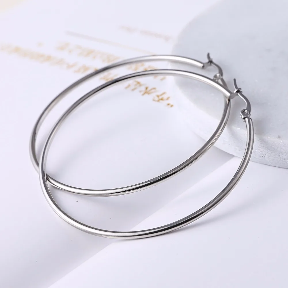 

1 Pair 10-70mm Big Smooth Circle Stainless Steel Earrings Fashion Women Girl Trendy Large Hoop Earrings Jewlry