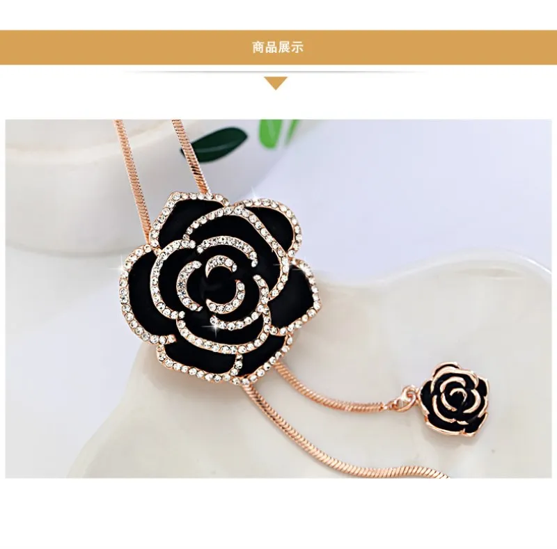 Новинка, модная цепочка для свитера с черной розой, Женский Кристалл от Swarovski, 2 цвета, осенне-зимнее ретро ожерелье с цветами