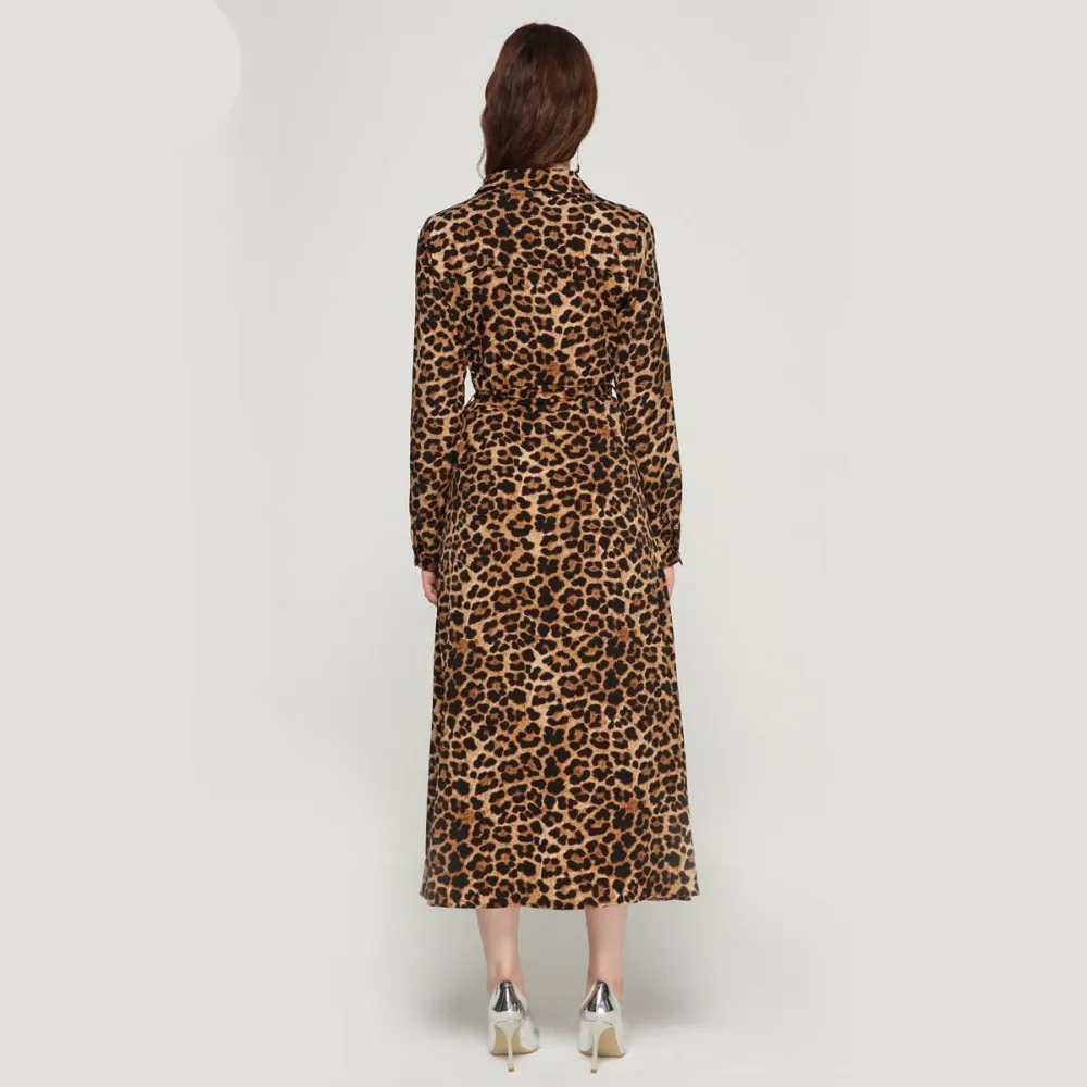 JOYINPARTY women leopard print ankle length dress bow tie sashes long sleeve retro ladies casual chic dresses vestidos | Женская одежда