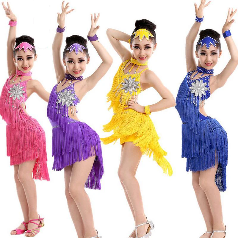 

Girls Sequined Tassels Latin Dance Dress Childrens Fancy Dress Kids Stage wear Ballroom Performance Dancing Salsa Costume dress