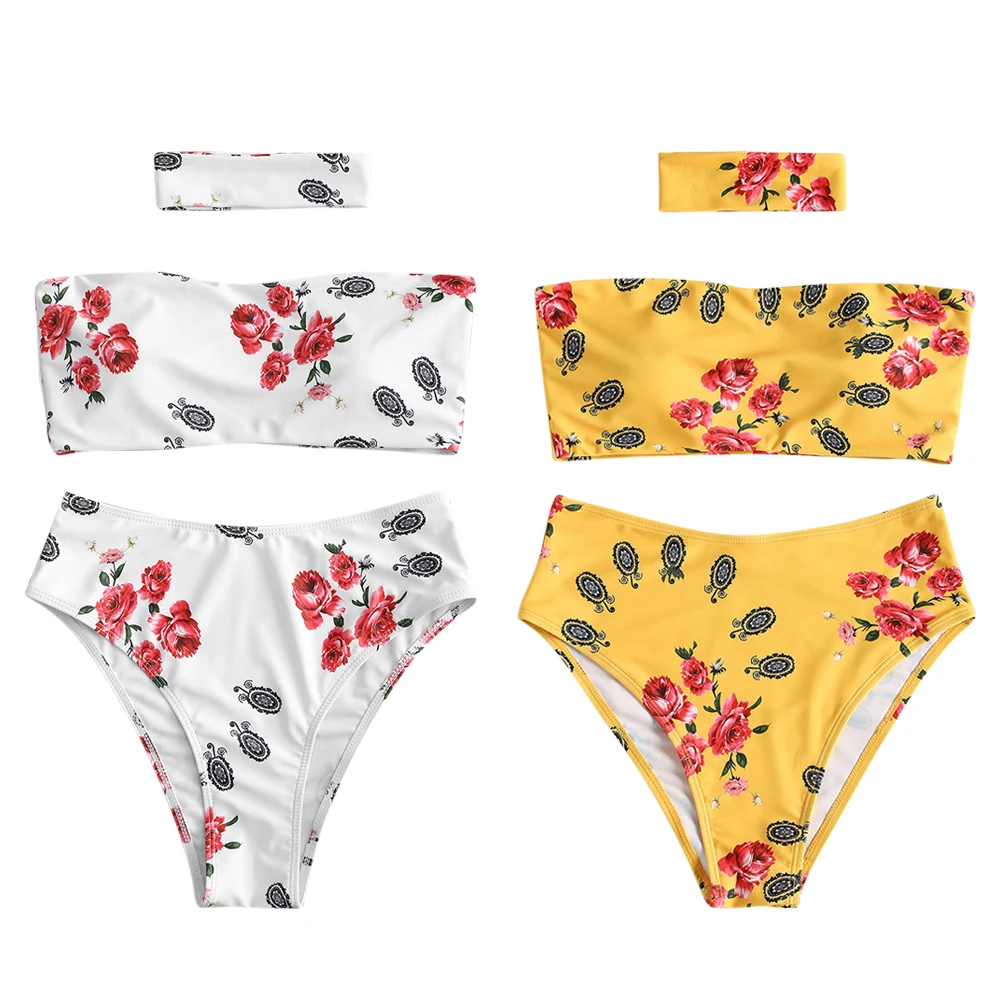 ZAFUL бандо чокер бикини набор купальник Цветочный Топ высокая талия стринги низ