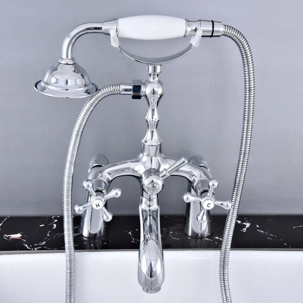 

Полированный хромированный латунный кран с двойными перекрестными ручками на бортике, кран для ванной комнаты, смеситель с ручным душем ...