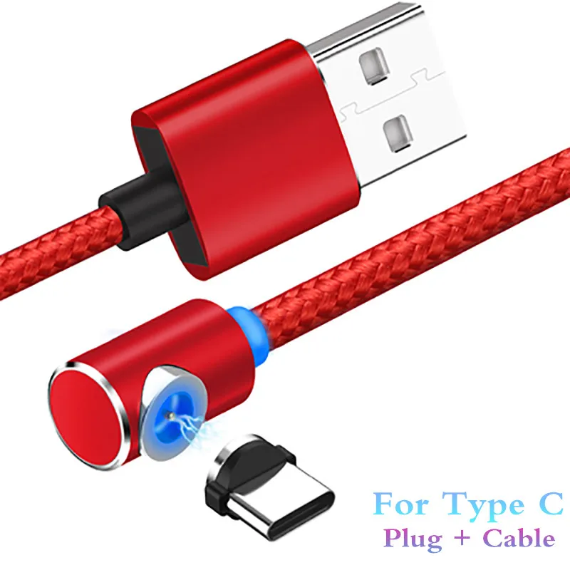 For Type C Red Светодиодный кабель Micro USB на магните для iphone, зарядное устройство, 90 градусов, 2 А, быстрая зарядка, Usb кабель type C для мобильных телефонов Android - Тип штекера: For Type C Red