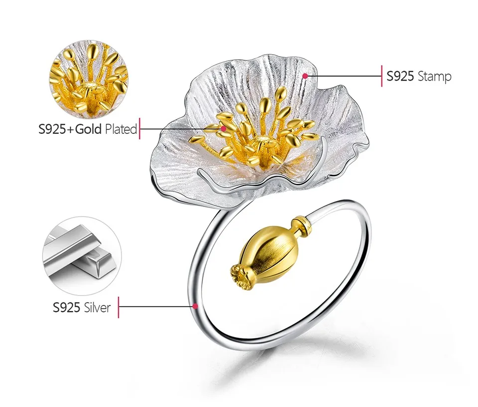 Lotus Fun, настоящее 925 пробы, Серебряное регулируемое кольцо, ручной работы, дизайнерское, хорошее ювелирное изделие, цветущие маки, цветочные кольца для женщин, бижутерия