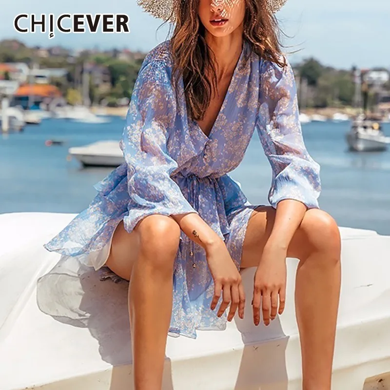 CHICEVER летнее пляжное стильное платье с принтом голубое женское v образным вырезом