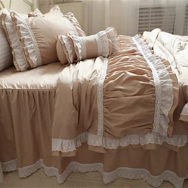 

New embroidery ruffle lace bedding set luxury princess bedding satin drill cotton duvet cover elegant bedspread vintage bedsheet