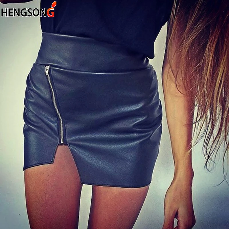 Женская кожаная юбка с высокой талией черная короткая мини Боковым Разрезом