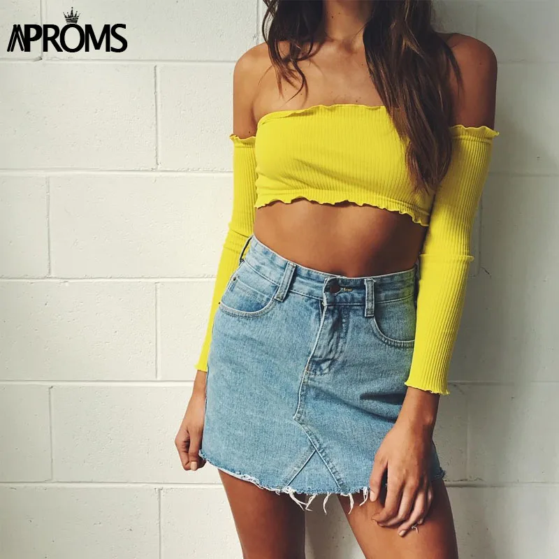 Aproms, желтый топ с открытыми плечами и оборками, женские короткие футболки, футболка, сексуальная эластичная майка, укороченный топ, Повседневные Вечерние топы 90s