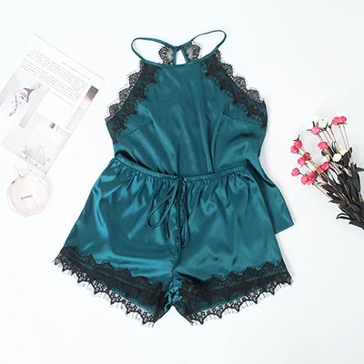 Navy Blue Виктории ключ Холтер шеи цветочные кружева атласные Cami и шорты женская ночная рубашка с открытыми плечами сексуальная пижама набор летняя одежда для сна - Цвет: Navy Blue