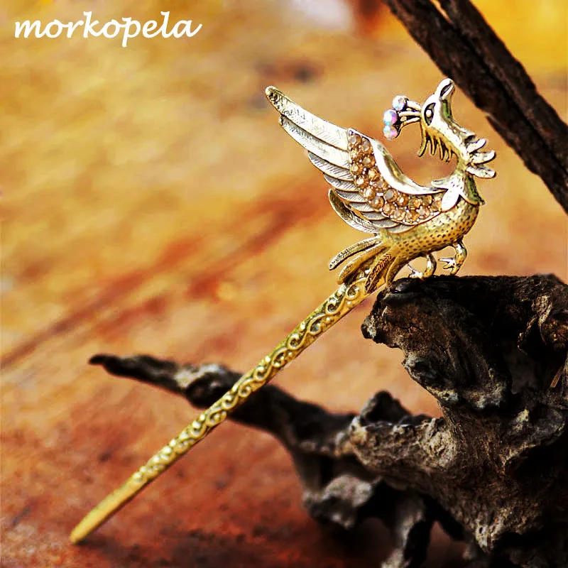Morkopela, Феникс, винтажные стразы, шпилька, аксессуары для женщин, китайский стиль, шпильки для волос, банкетные заколки для волос, ювелирные изделия