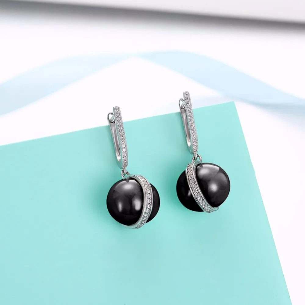 Women's Jewelry Fashion charm Drop Earrings 925 Sterling Silver 14mm White/Black Ceramic Bead Dangle gift box SE020 | Украшения и