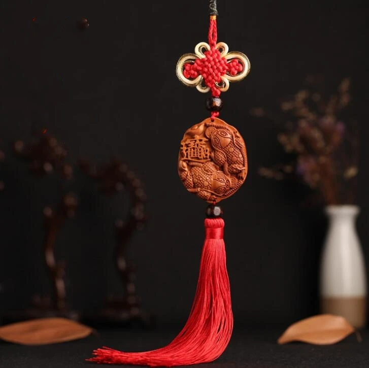 Chinese Peach Wood Carved Animal Double Golden Toad Bitting Coin Safe And Good Luck Card Exquisite Car Interior Trim Pendant | Дом и сад