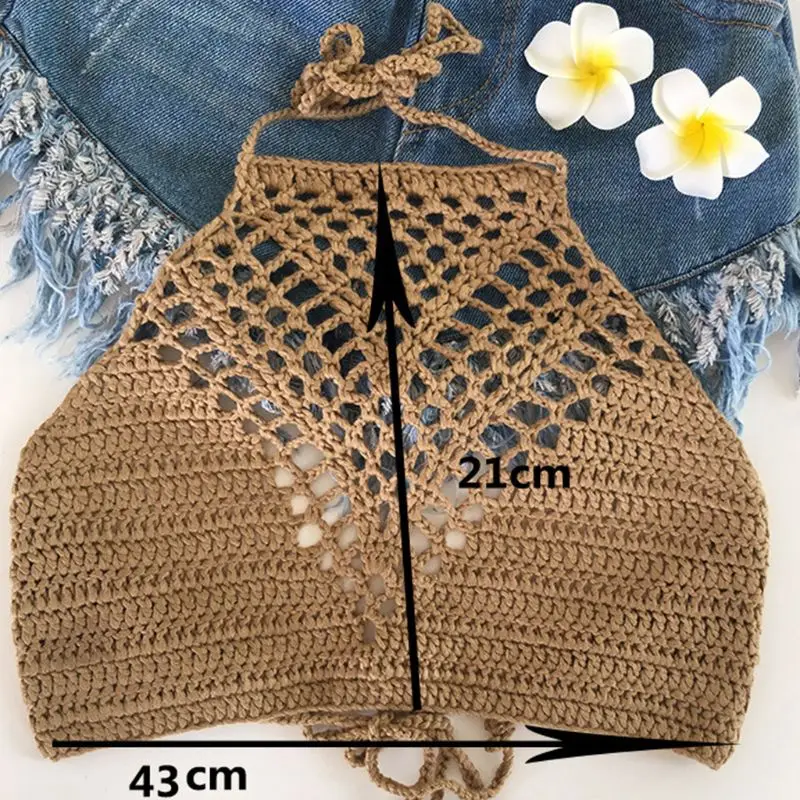 Женский летний ажурный кроп топ с бретелькой через шею Boho бикини этническим