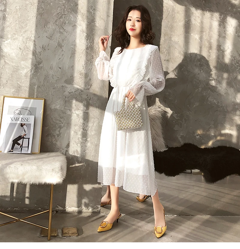 BGTEEVER Ruffles Polka Dot Women Chiffon Dress Elastic Waist Flare Sleeve Female Long Vestidos A-line White Dress