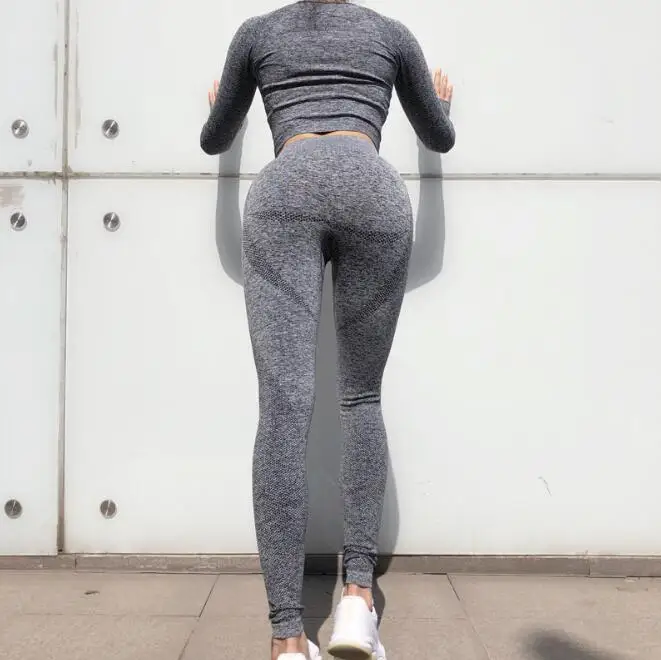 Gray set 2 шт., спортивные костюмы, бесшовный комплект для йоги, женская футболка для фитнеса, спортивная одежда, леггинсы с эффектом омбре, спортивные, для бега, для спортзала, для тренировок, для йоги, рубашка+ штаны - Цвет: Gray set
