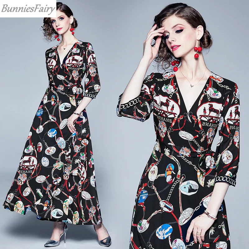 BunniesFairy 2019 осеннее Новое Женское винтажное ретро-платье с цепочками буквенным