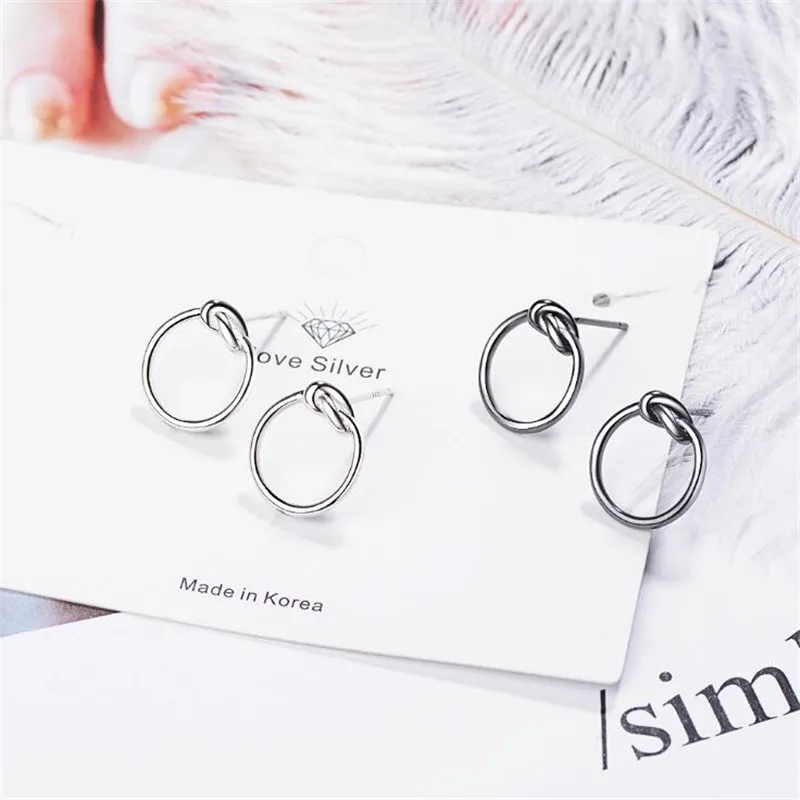 

New Simple Wholesale Small Fashion 925 Sterling Silver Jewelry Tie Knotted Round Circle Women Personality Stud Earrings SE629
