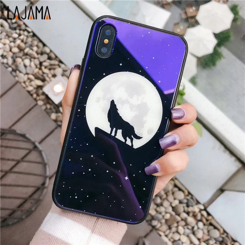 Lajama Luxury Blue Ray Wolf Tempered Glass Phone Case for iPhone 6 6S 7 8 Plus light Back Cover iphone X |