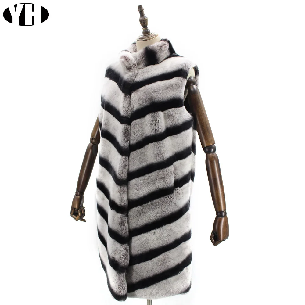 Зимние женские Шиншилла жилет настоящий мех кролика теплый мягкий с линией