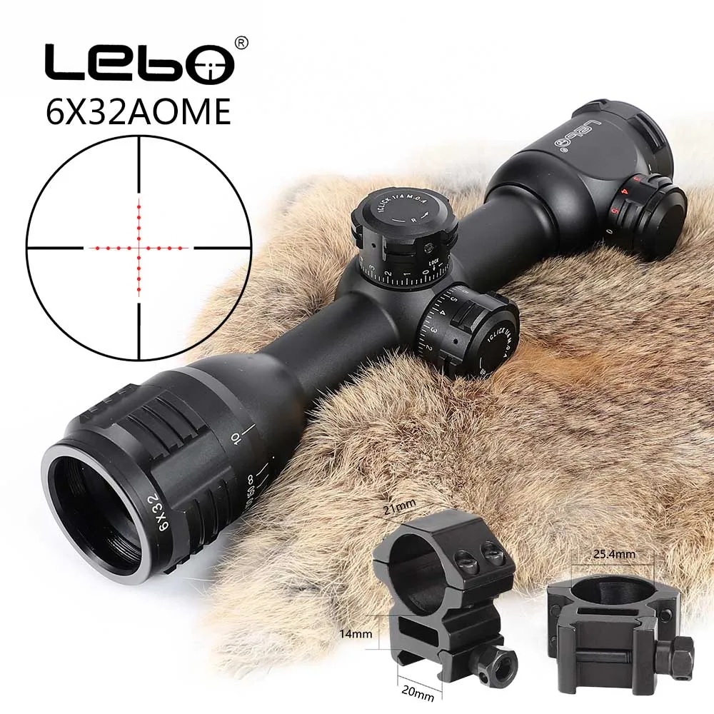 with Picatinny Rings LEBO 6x32 AOME Mil-Dot стекло гравированное с подсветкой сетка Компактный Тактический оптический прицел замок прицел для охоты прицел - Цвет: with Picatinny Rings