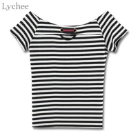 lychee sexy summer women t shirt ring hollow out stripe patchwork slim short sleeve t shirt tee top female