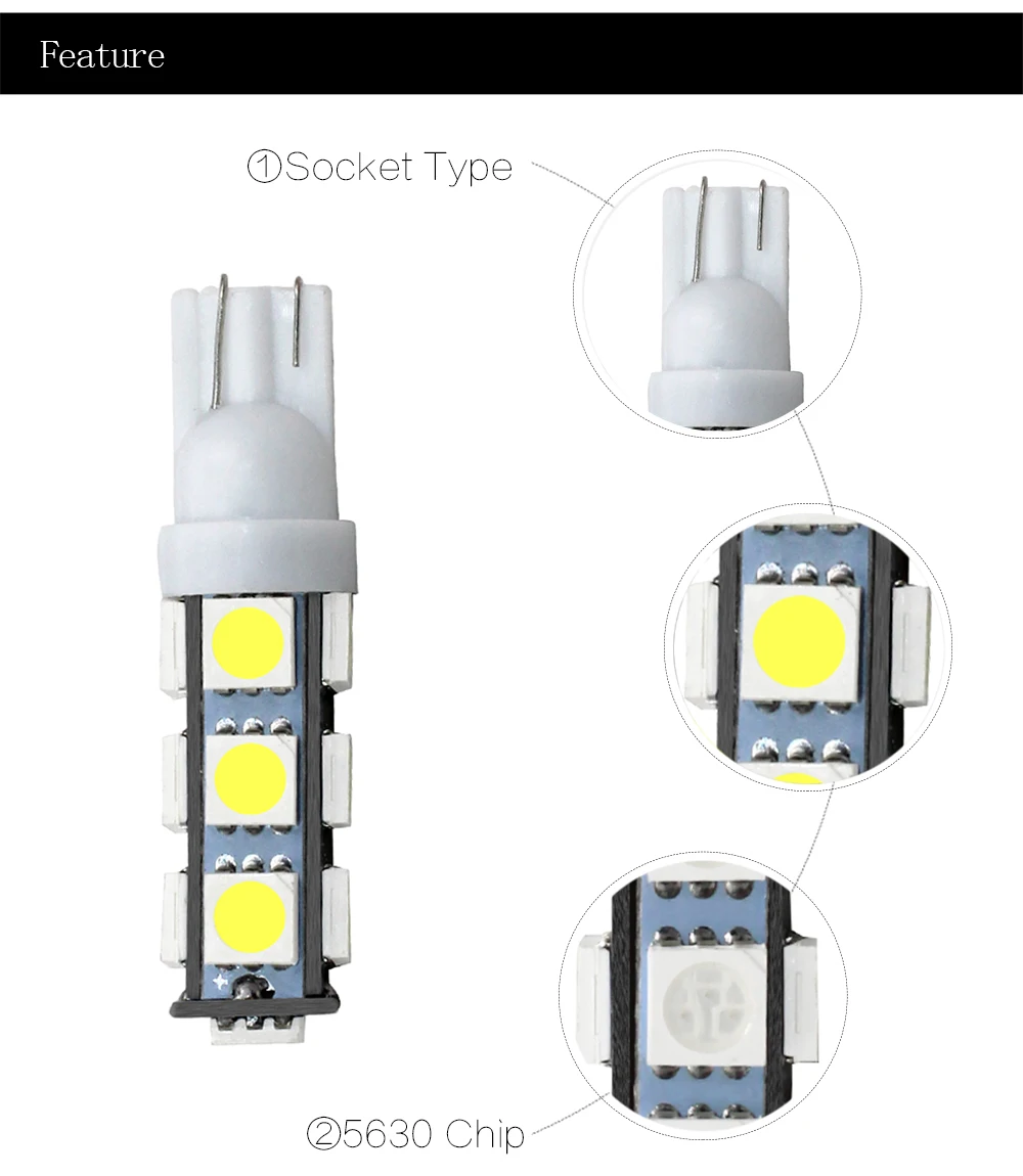 T10 13 SMD 5050 белый авто светодиодный Поворотники боковые светильник AC/DC 12V 13led 194 168 W5W Клин 13SMD лампы интерьерные светильники