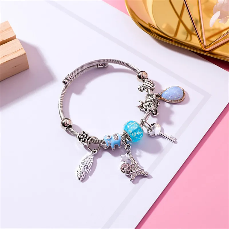 Горячий 2018 Новый стиль Мода Сплав Браслет Ключ башня перо узор кулон эластичный