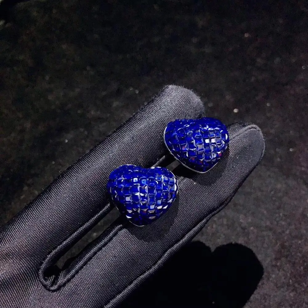 

925 sterling silver with cubic zircon heart stud earring blue rose red color cute romantic fine women jewelry