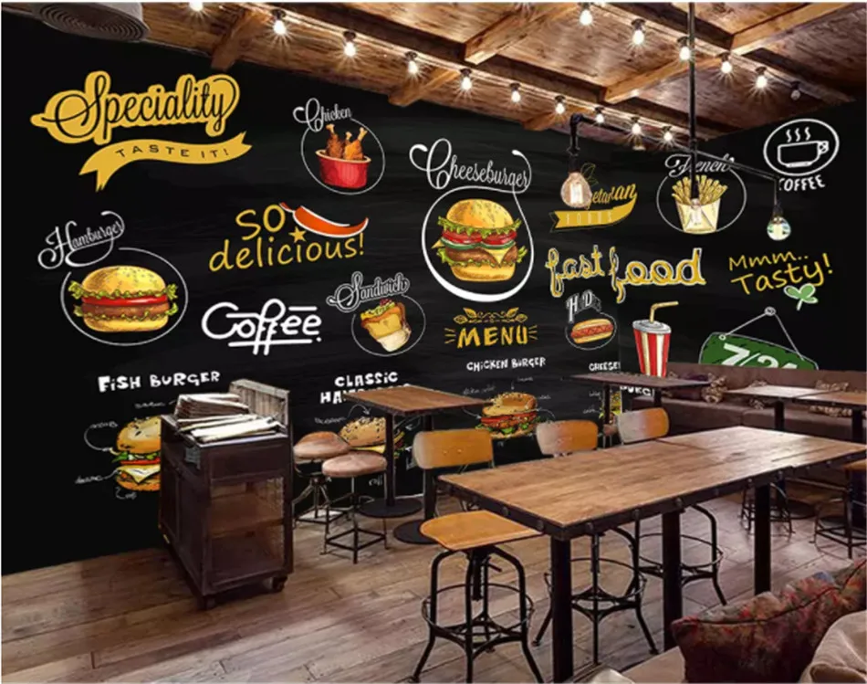 На заказ настенная Бумага 3d Ручная роспись Доска западный ресторан пицца гамбургер фаст-фуд магазин фон обои 3D