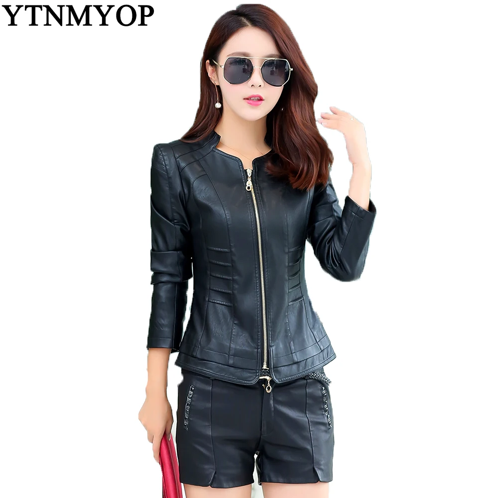 2020 Women Spring Leather Jacket Black Plus Size S-4XL Female Clothing Outerwear Mandarin Collar Long Sleeve Short Coat | Женская одежда