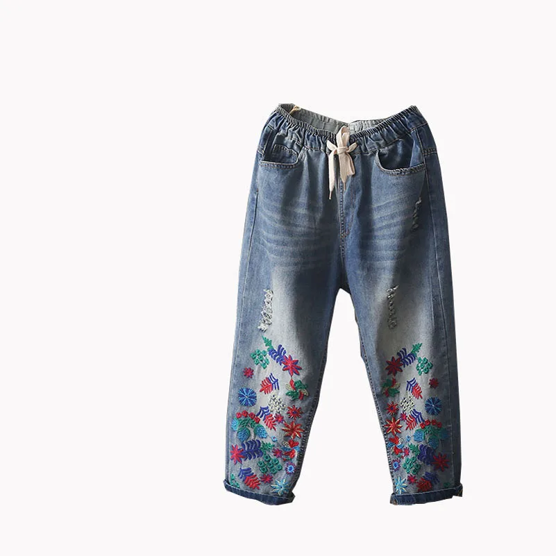 QPFJQD в национальном стиле винтажные потертые женские джинсы с цветочным рисунком