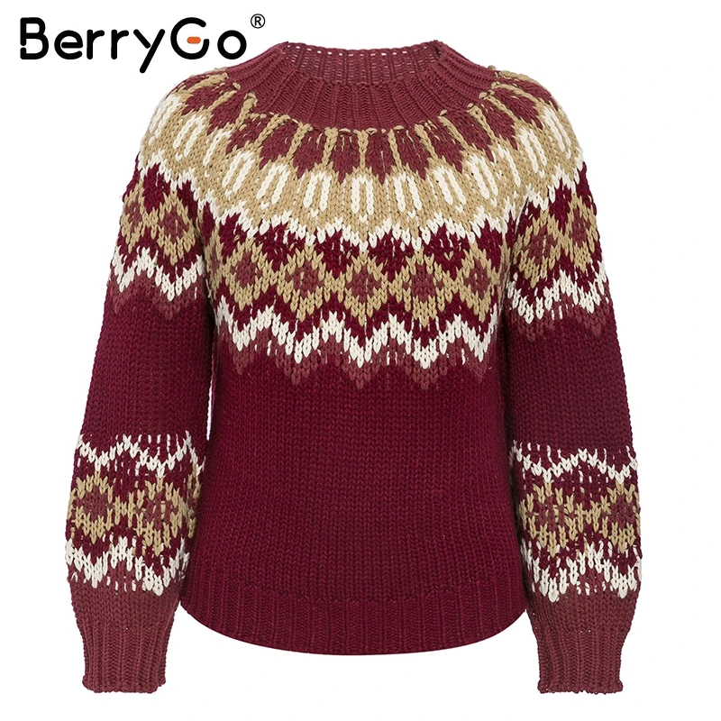 BerryGo Vintage geometric women pullover Long sleeve oversize female knitted sweater jumper Autumn winter casual ladies sweaters | Женская