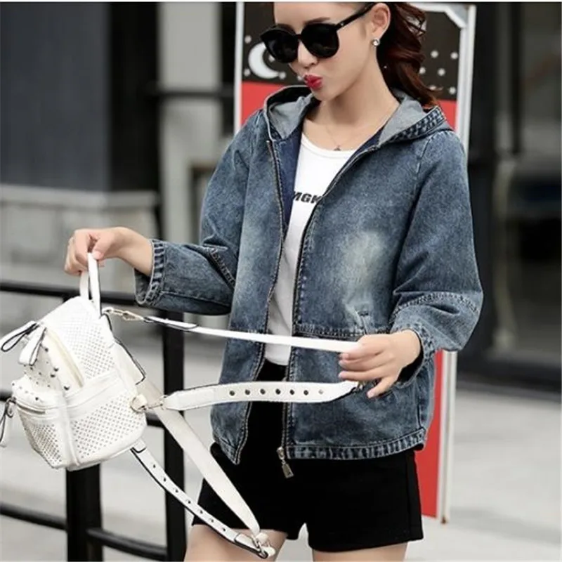 

New casual denim coat female spring autumn hooded jacket short student tops fashion large size women cowboy clothing outerwear
