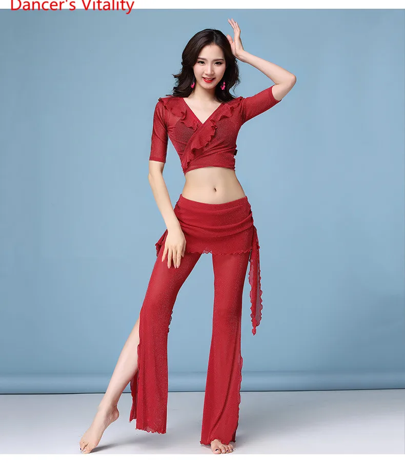 Костюм для танца живота Набор Женщины Mesh Top+ брюки Женщины Сексуальная практика танцевальные костюмы Одежда для танцев живота