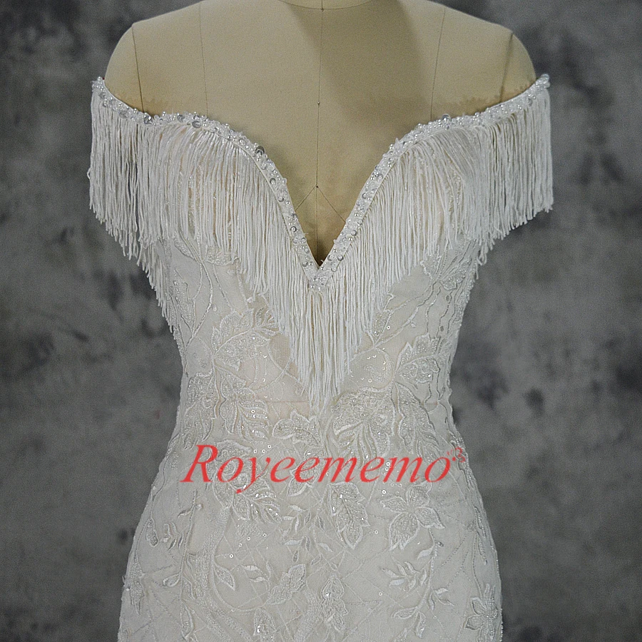 Роскошное кружевное свадебное платье Vestido de Noiva с открытыми плечами и кисточками