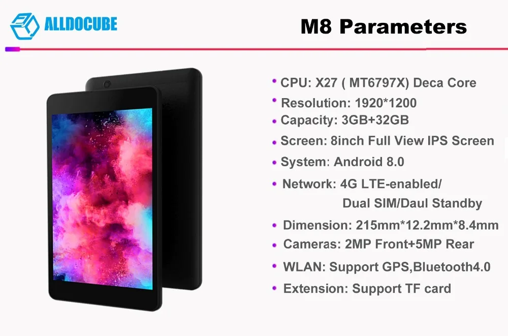 ALLDOCUBE M8 4G телефонный звонок планшетный ПК 8 дюймов 4G LTE MTK X27 6797X1920*1200 FHD ips 3 GB Оперативная память 32 ГБ Встроенная память Android 8,0 gps Dual SIM BT