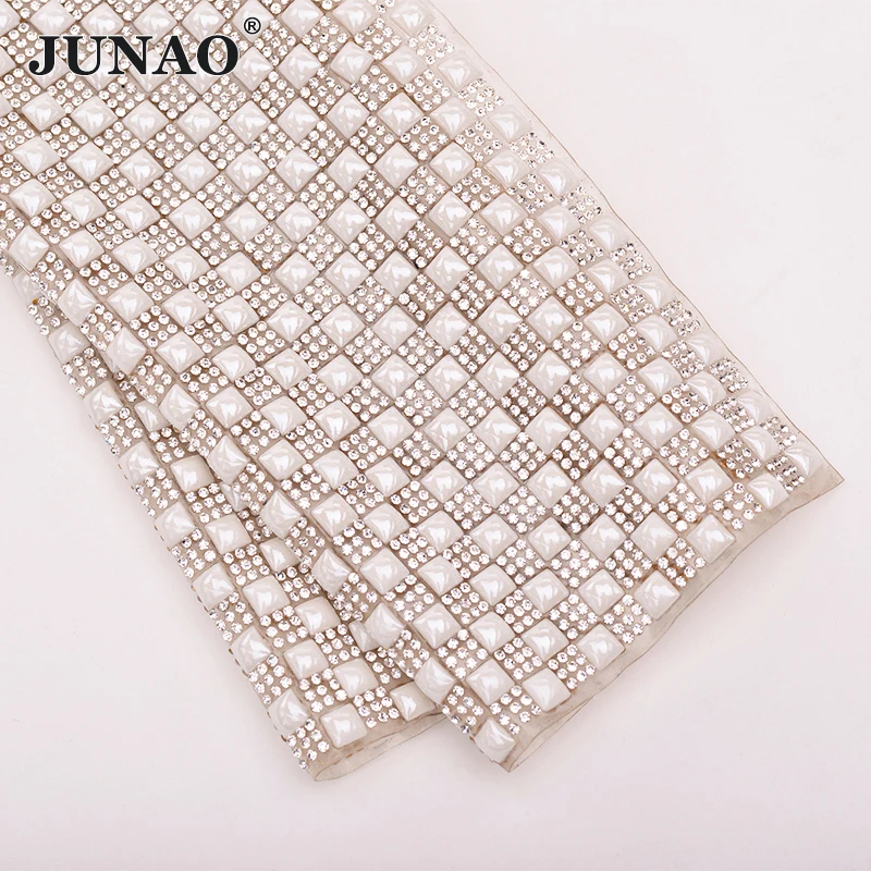 JUNAO смешанные цвета жемчуг и стразы отделка железа на сетчатый страз Аппликация