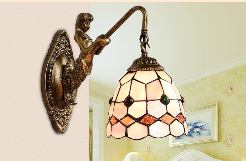 Средиземноморская светодиодная настенная лампа Tiffany shell с русалочкой AC 110/220 в E27 16