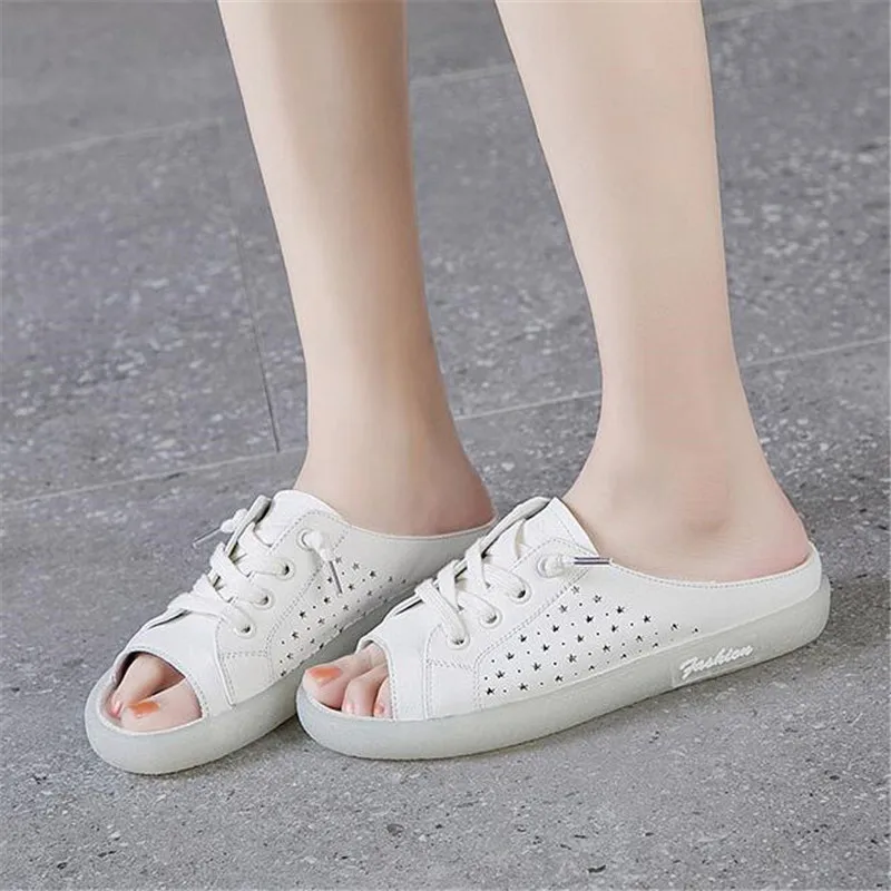 

2019 New Lace-up Open Shoes Woman Summer Sandal Slippers Flat Non-slip Wear Soft Comfort Genuine Leather Sandals Casual Slippers